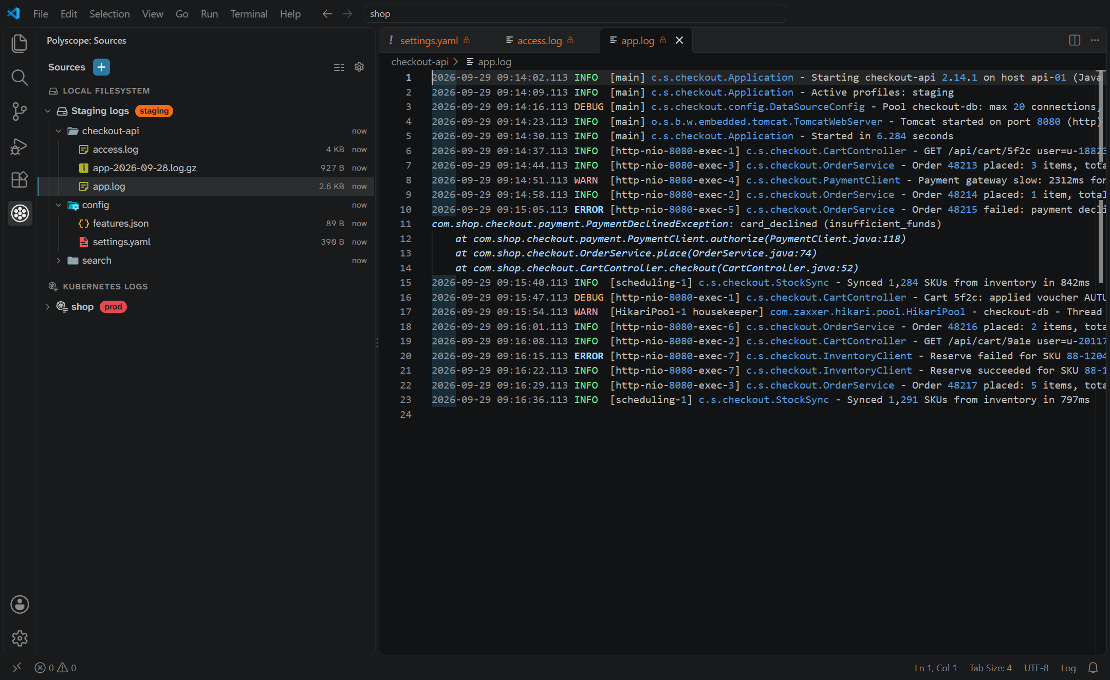 Local logs open in VS Code's editor, their tabs tinted with the staging Environment's colour