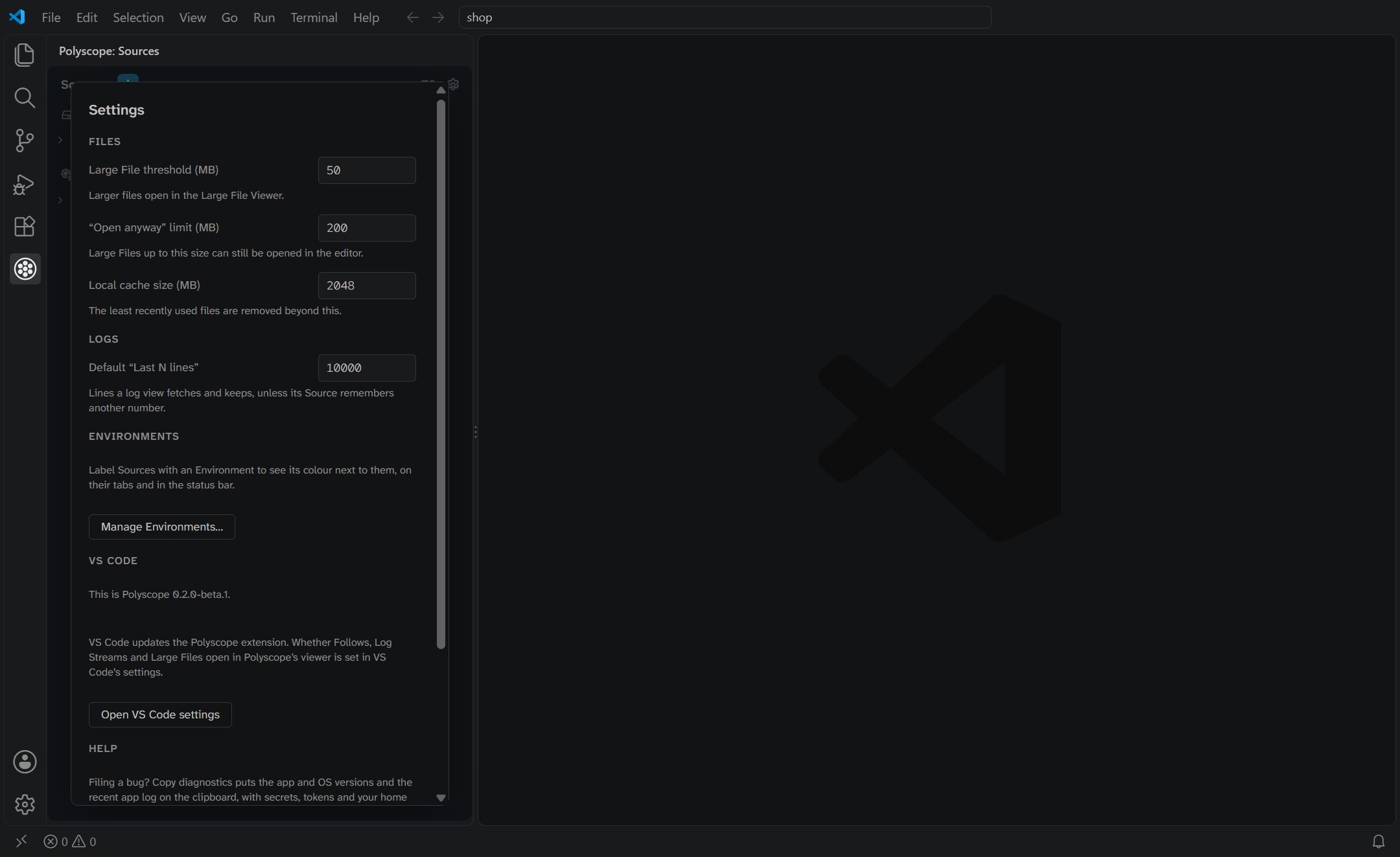 Polyscope's Settings in the VS Code sidebar