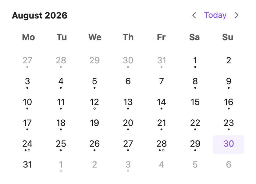 The month calendar, marked with notes and open tasks