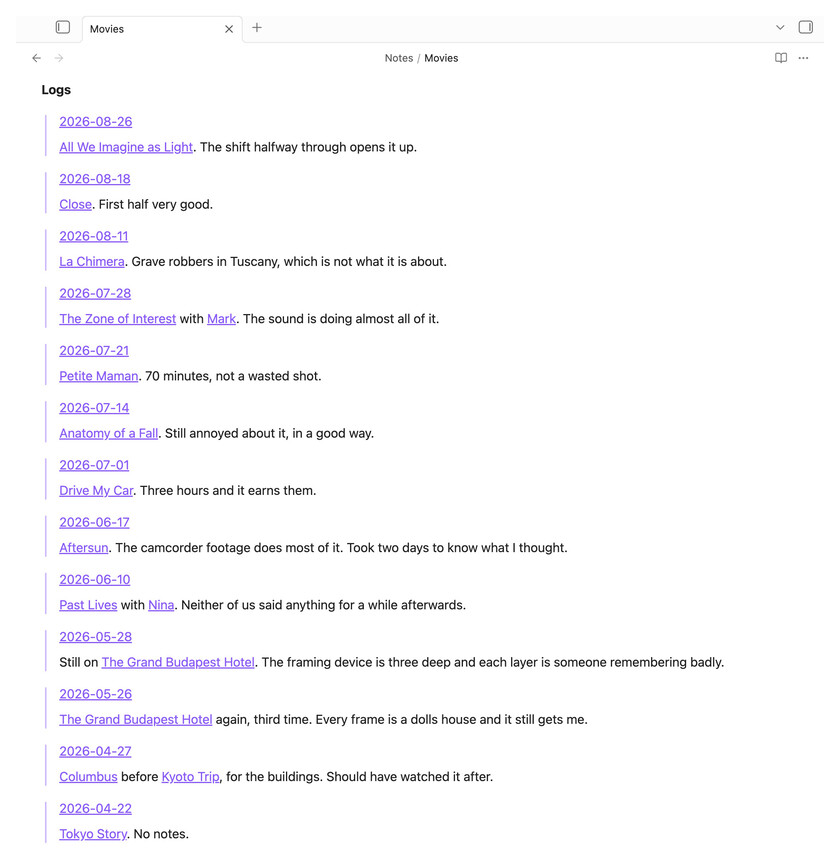 Journal entries about a dozen films, gathered on the Movies note