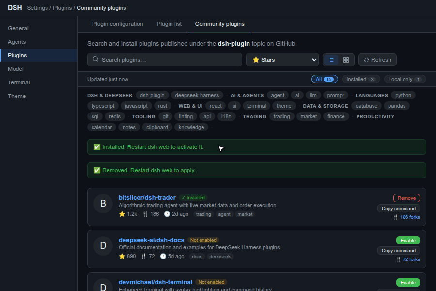 Demo: browsing, filtering, and installing a plugin from the Community plugins tab