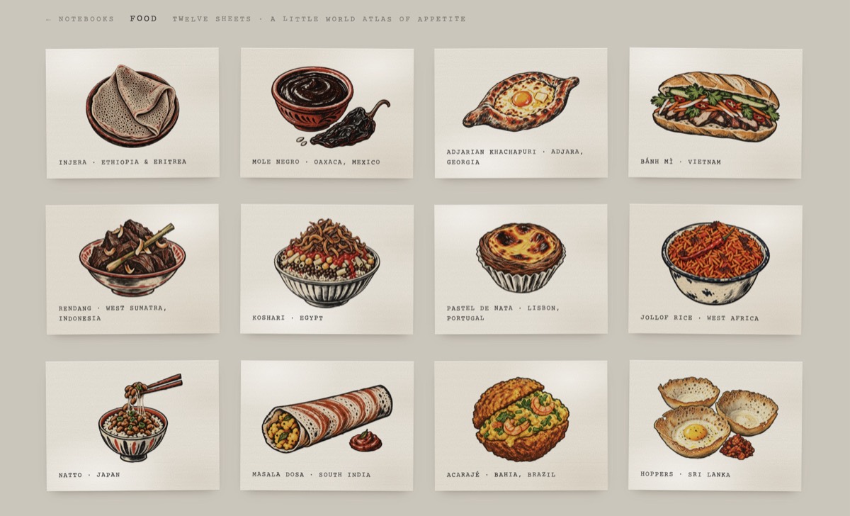 Twelve food sheets on a notebook index, each a drawn mark on pale paper
captioned in typewriter type