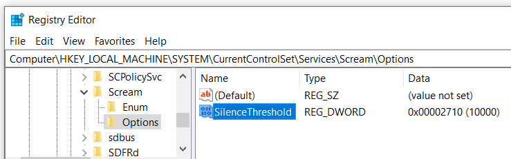 The registry key location is the same as above, Computer\HKEY_LOCAL_MACHINE\SYSTEM\CurrentControlSet\Services\Scream\Options and the setting is SilenceThreshold which is a REG_DWORD that holds a sample number, like 10000 for example.