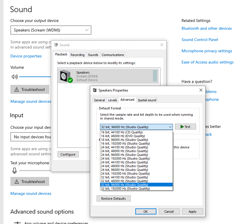Bring up the Speakers Properties window and go to the Advanced tab to set the sample rate.