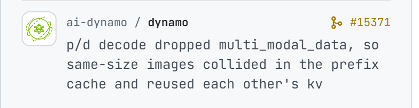 ai-dynamo/dynamo#15371: p/d decode dropped multi_modal_data, so same-size images collided in the prefix cache and reused each other's kv