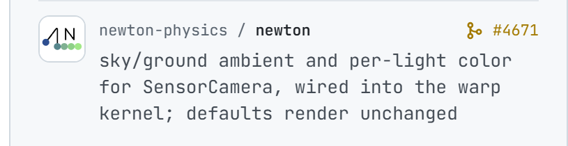 newton-physics/newton#4671: sky/ground ambient and per-light color for SensorCamera, wired into the warp kernel; defaults render unchanged