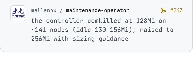 Mellanox/maintenance-operator#243: the controller oomkilled at 128Mi on ~141 nodes (idle 130-156Mi); raised to 256Mi with sizing guidance