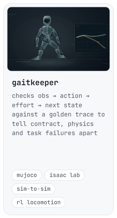 gaitkeeper: checks obs → action → effort → next state against a golden trace to tell contract, physics and task failures apart