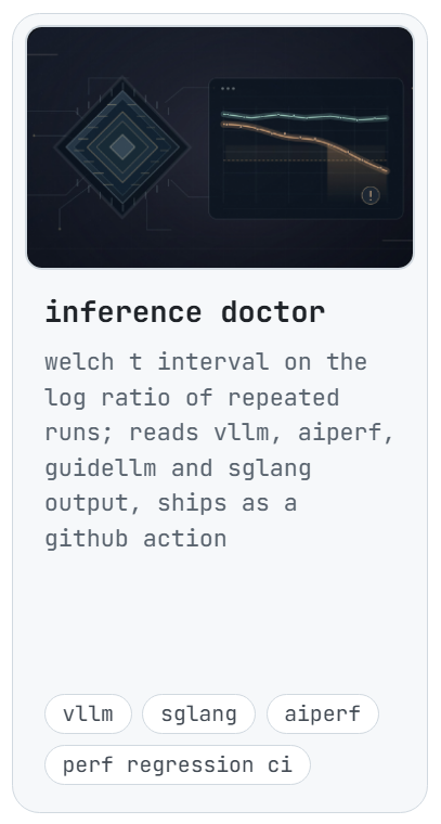 inference doctor: welch t interval on the log ratio of repeated runs; reads vllm, aiperf, guidellm and sglang output, ships as a github action