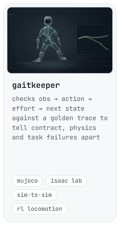 gaitkeeper: checks obs → action → effort → next state against a golden trace to tell contract, physics and task failures apart