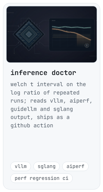 inference doctor: welch t interval on the log ratio of repeated runs; reads vllm, aiperf, guidellm and sglang output, ships as a github action
