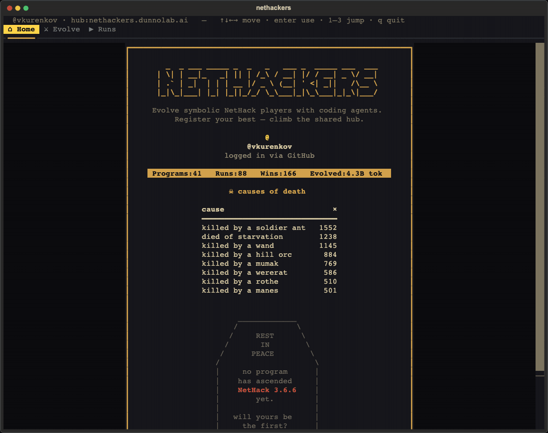 the nethackers dashboard: Home, then the Evolve form