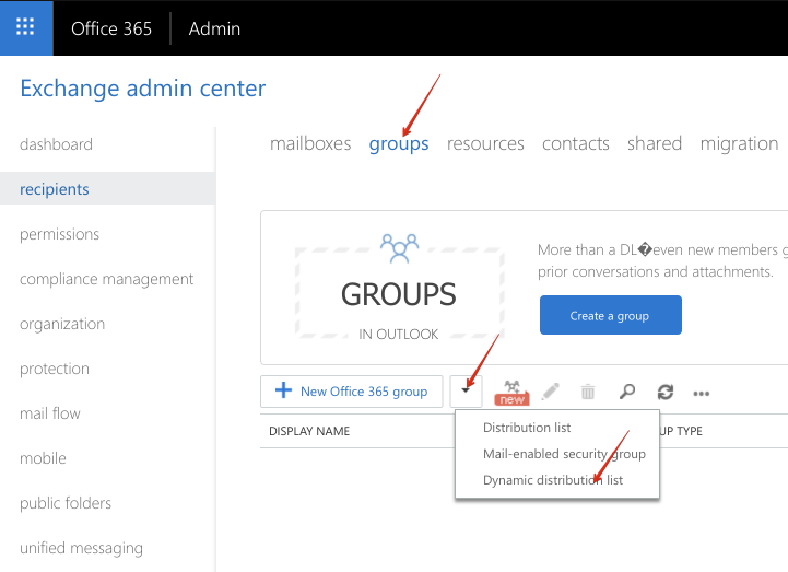 Admin Centers -> Exchange -> Groups