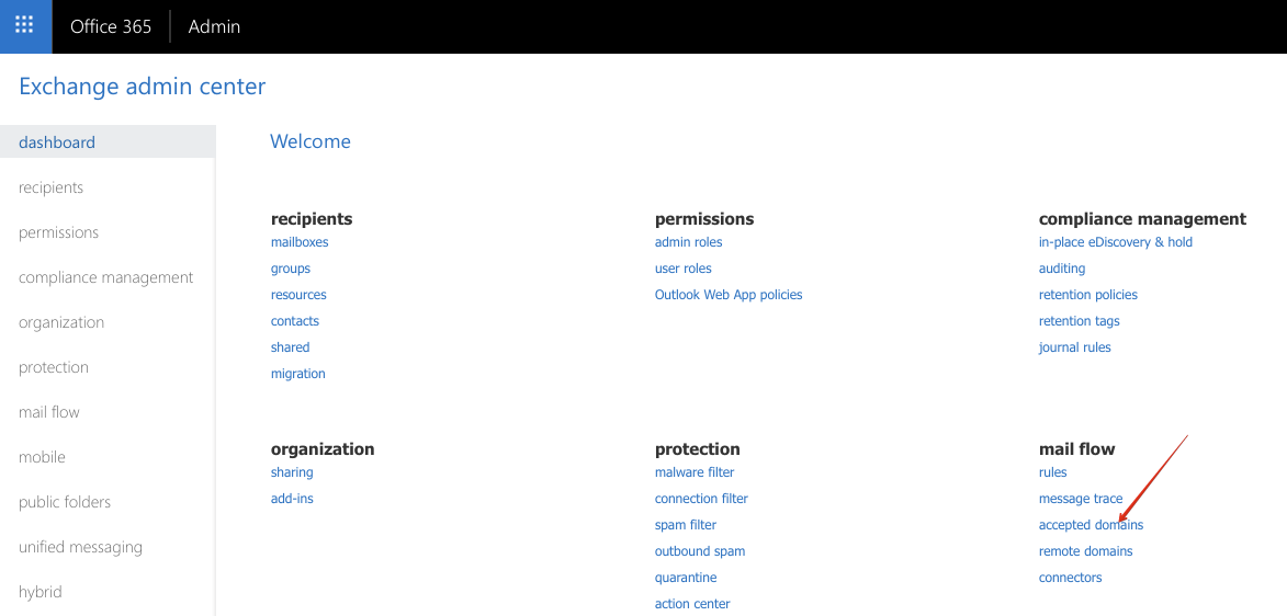 Exchange admin center -> mail flow -> accepted domains