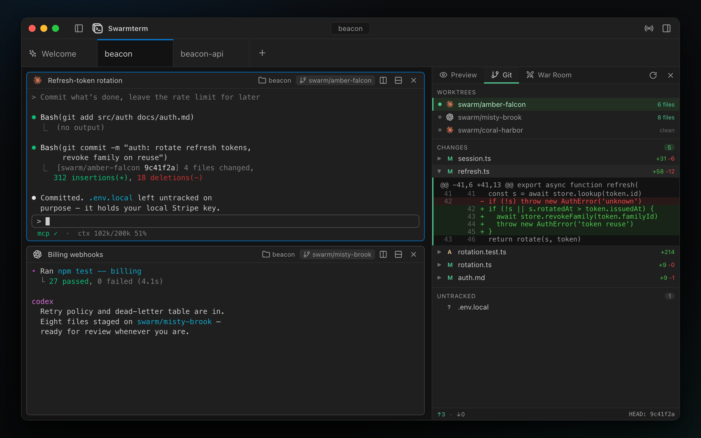 The Git panel — one swarm/* worktree per agent, changed files and an inline diff