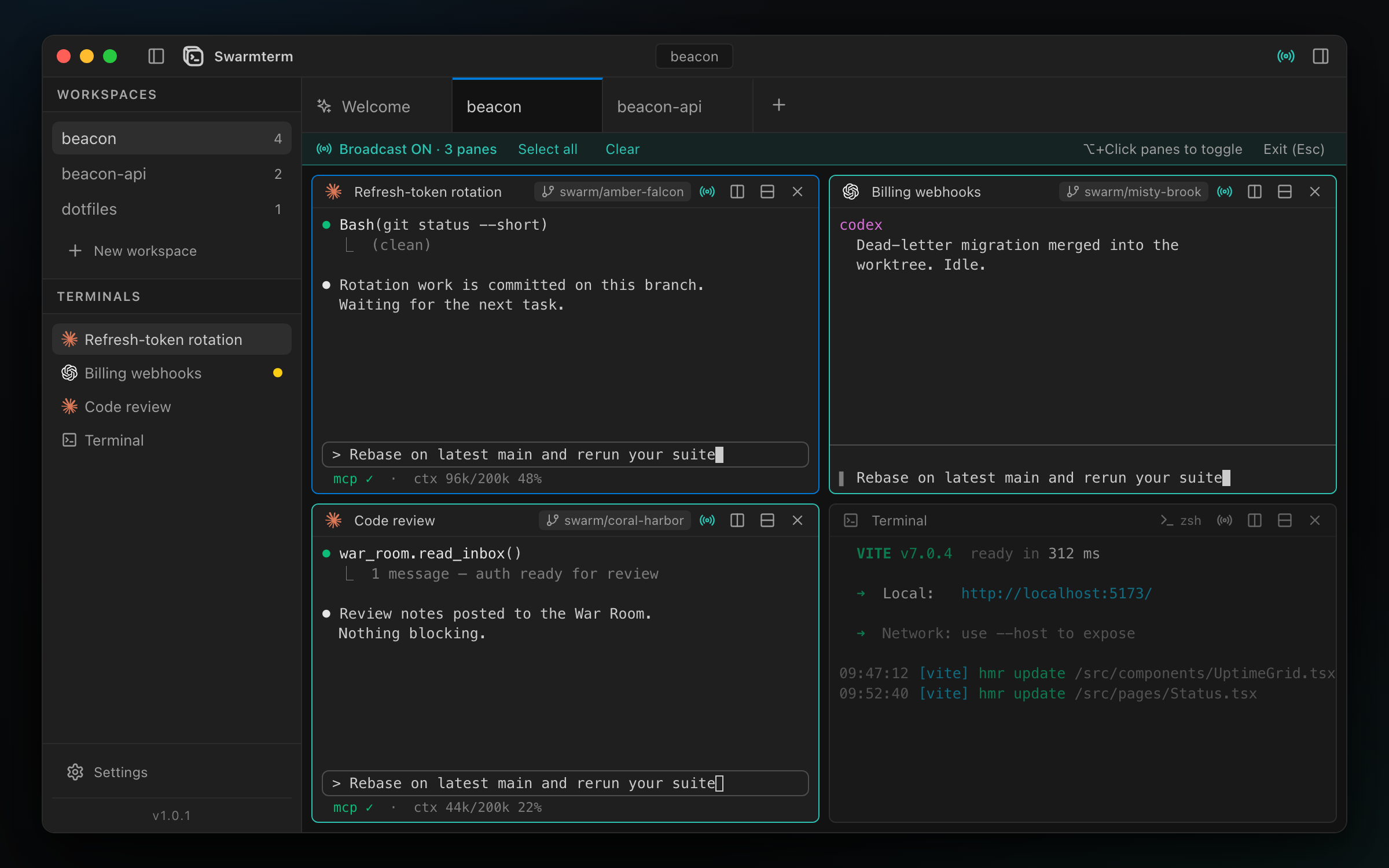 Broadcast ON — one line typed into three agent panes at once, the dev-server pane left out