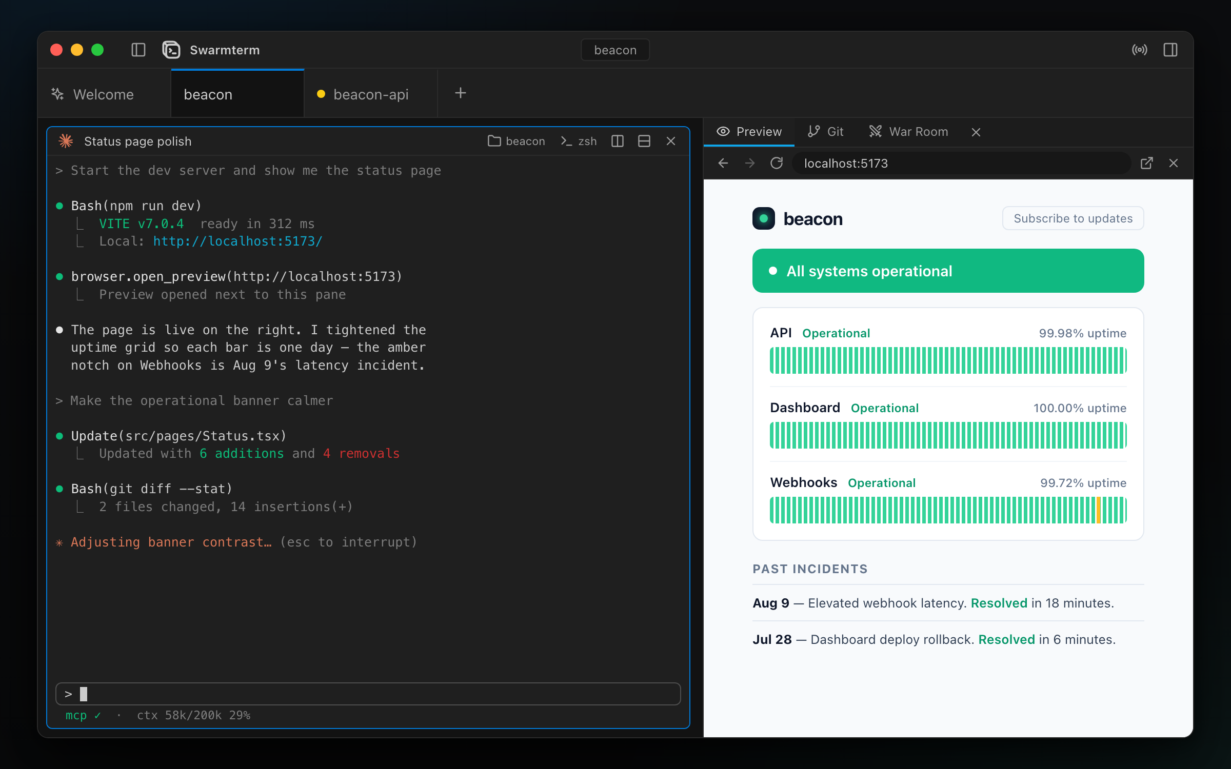 An agent opened its dev server in the preview column beside its own pane