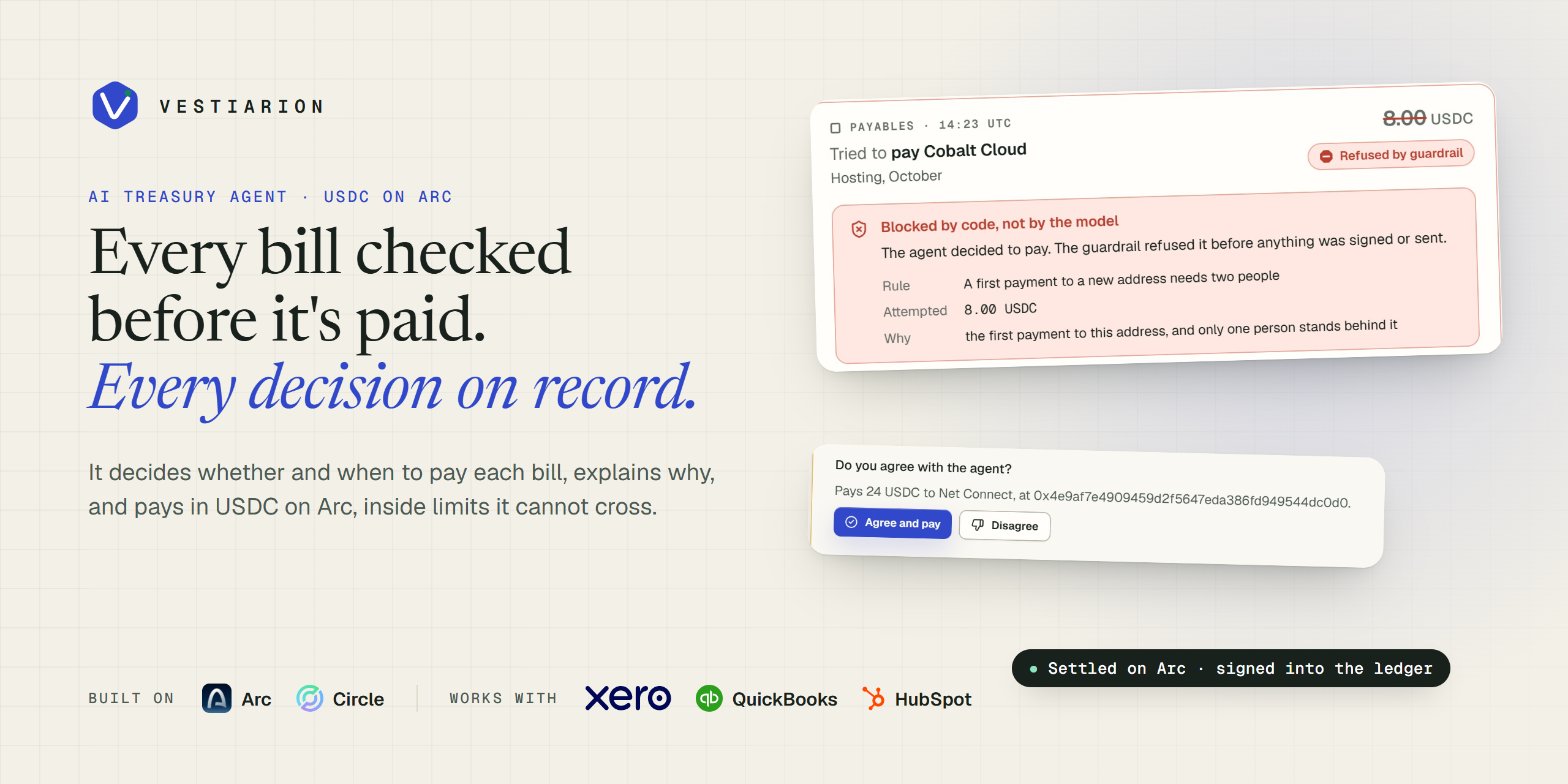 Vestiarion: every bill checked before it is paid, every decision on record. A payment refused by code, not by the model, and a person agreeing with the agent before it pays. Built on Arc and Circle; works with Xero, QuickBooks and HubSpot.