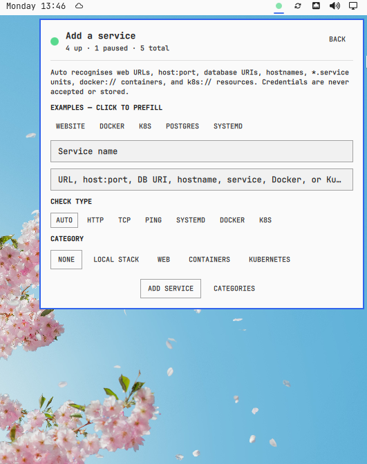 Adding a service from the Omastatus panel