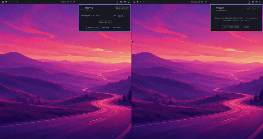 A theme change on the main laptop following live on a paired device