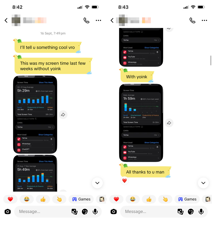 Yoink user from TikTok showing screen time reduction