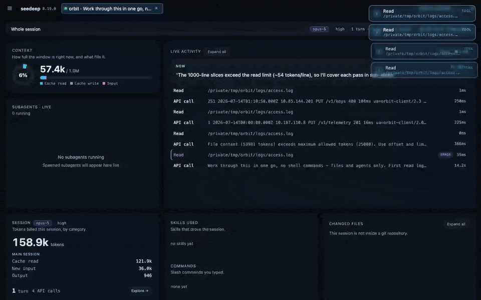 The context window filling live while six subagents run on three models