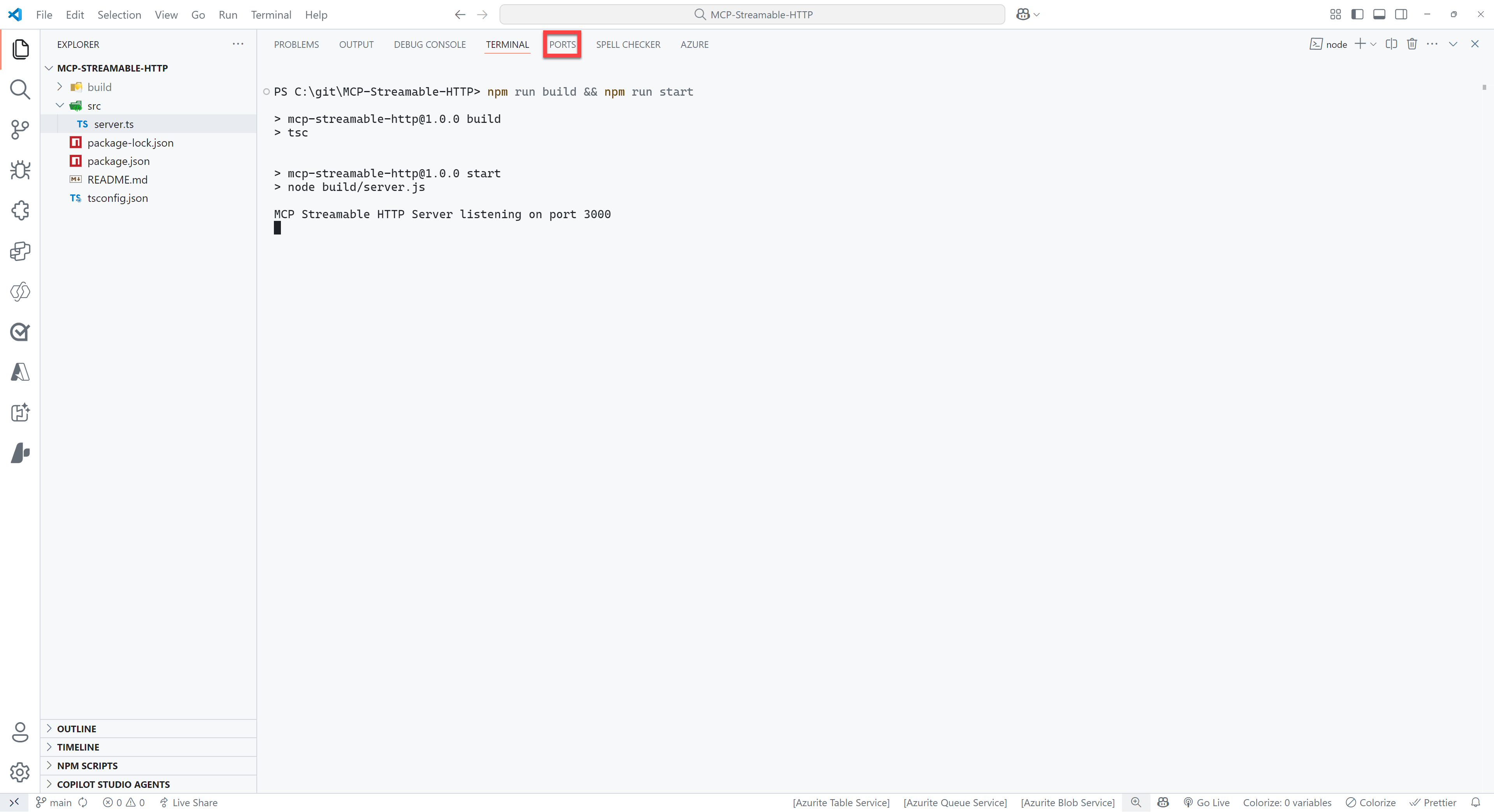Image of VS Code where the terminal is open and the PORTS tab is highlighted