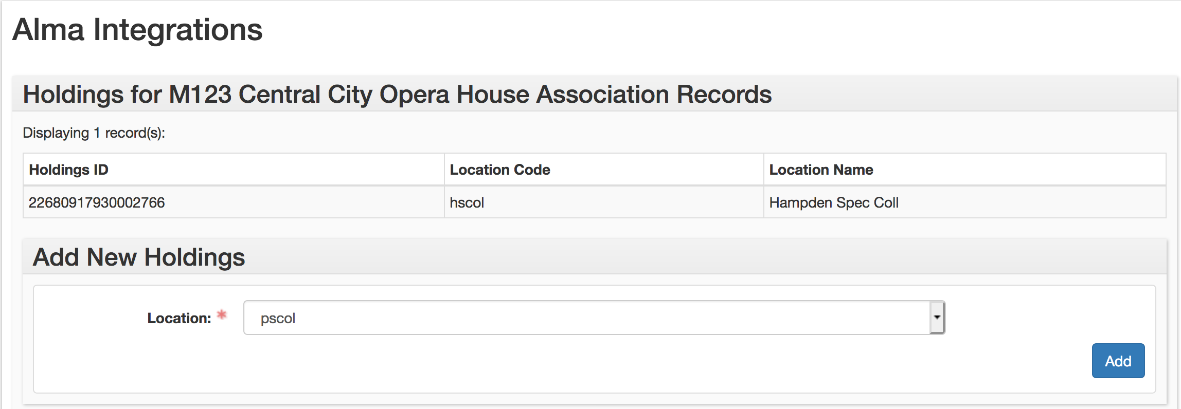 Holdings results from the Alma Integrations plugin