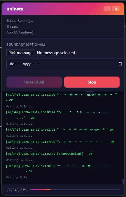 unInsta panel showing expanded progress log