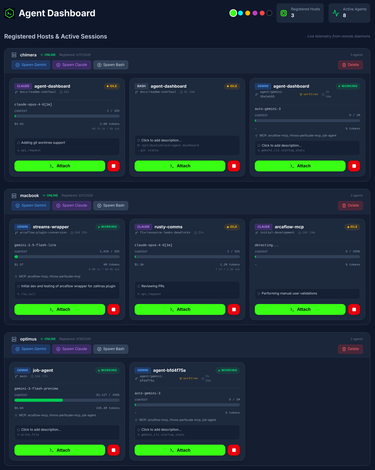 Agent Dashboard main page showing active agent sessions and registered hosts