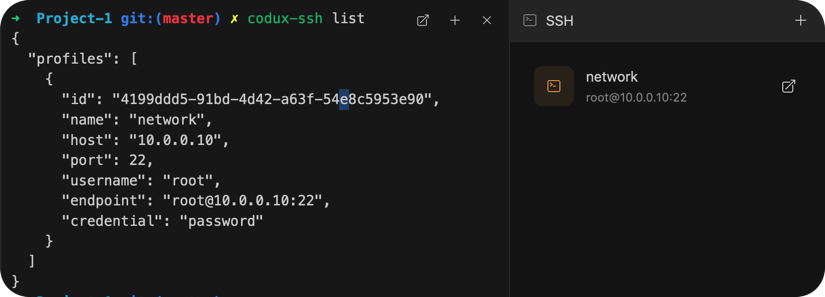 codux-ssh list shows profile names and hosts only — never passwords