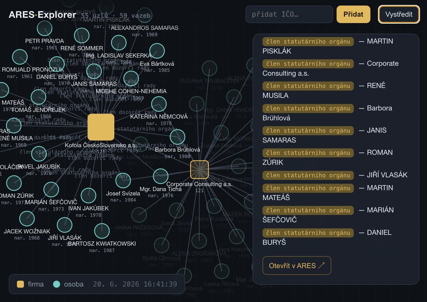 ARES Explorer — the force-directed graph with a company's inspector panel open
