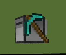A ComputerCraft turtle with a diamond pickaxe on its side