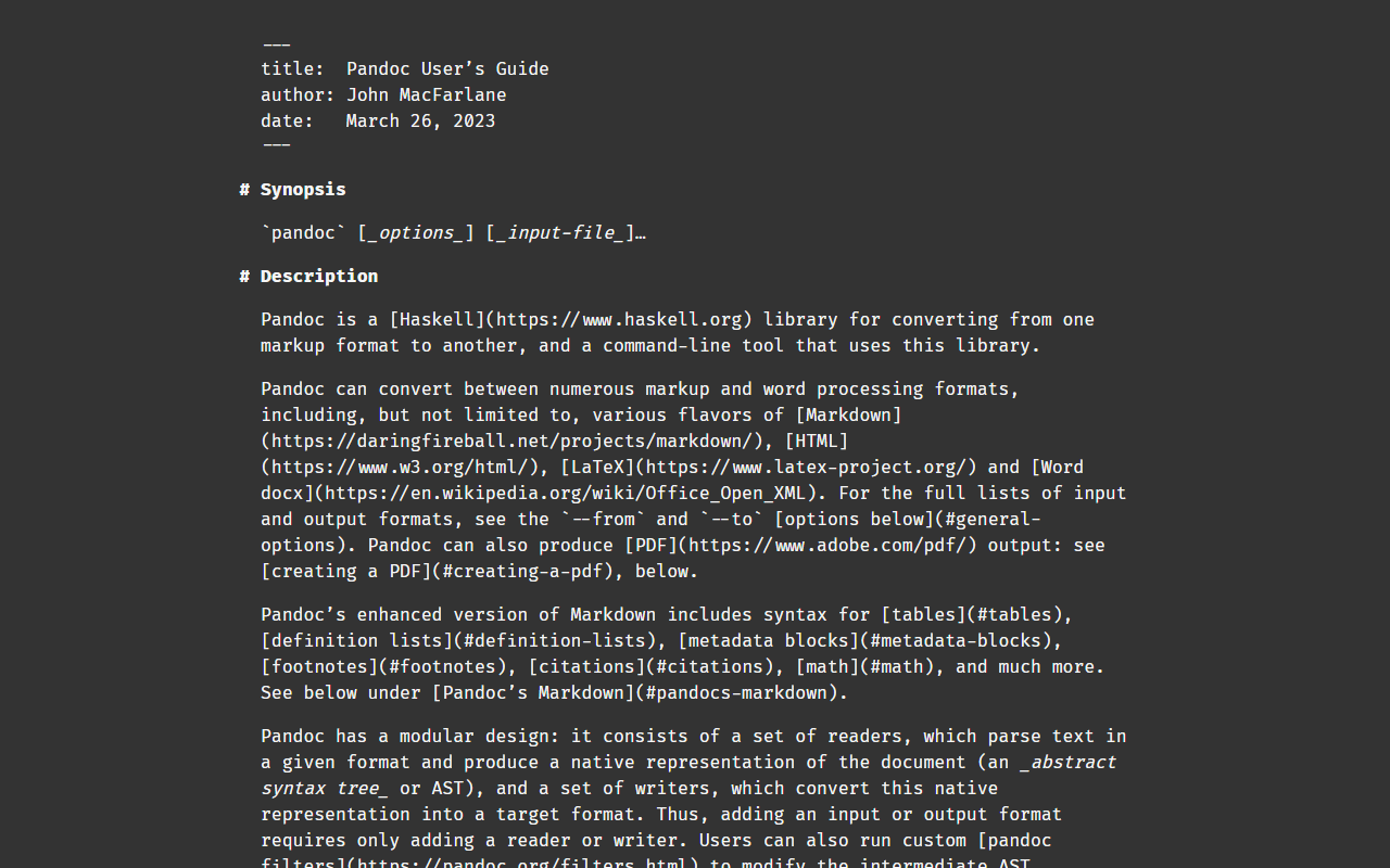 Screenshot: Pandoc Manual