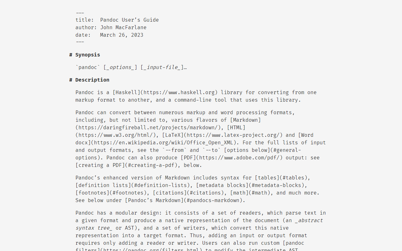 Screenshot: Pandoc Manual