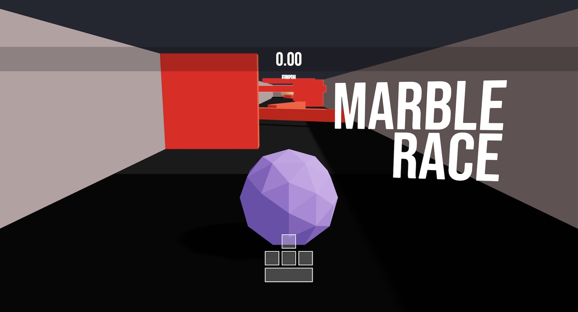 A purple marble sits at the beginning of a race track filled with moving red obstacles. The words "Marble Race" appear beside the marble. There's an unstarted timer that appears above the marble and a simplistic display of arrow or WASD keys and a space bar below.