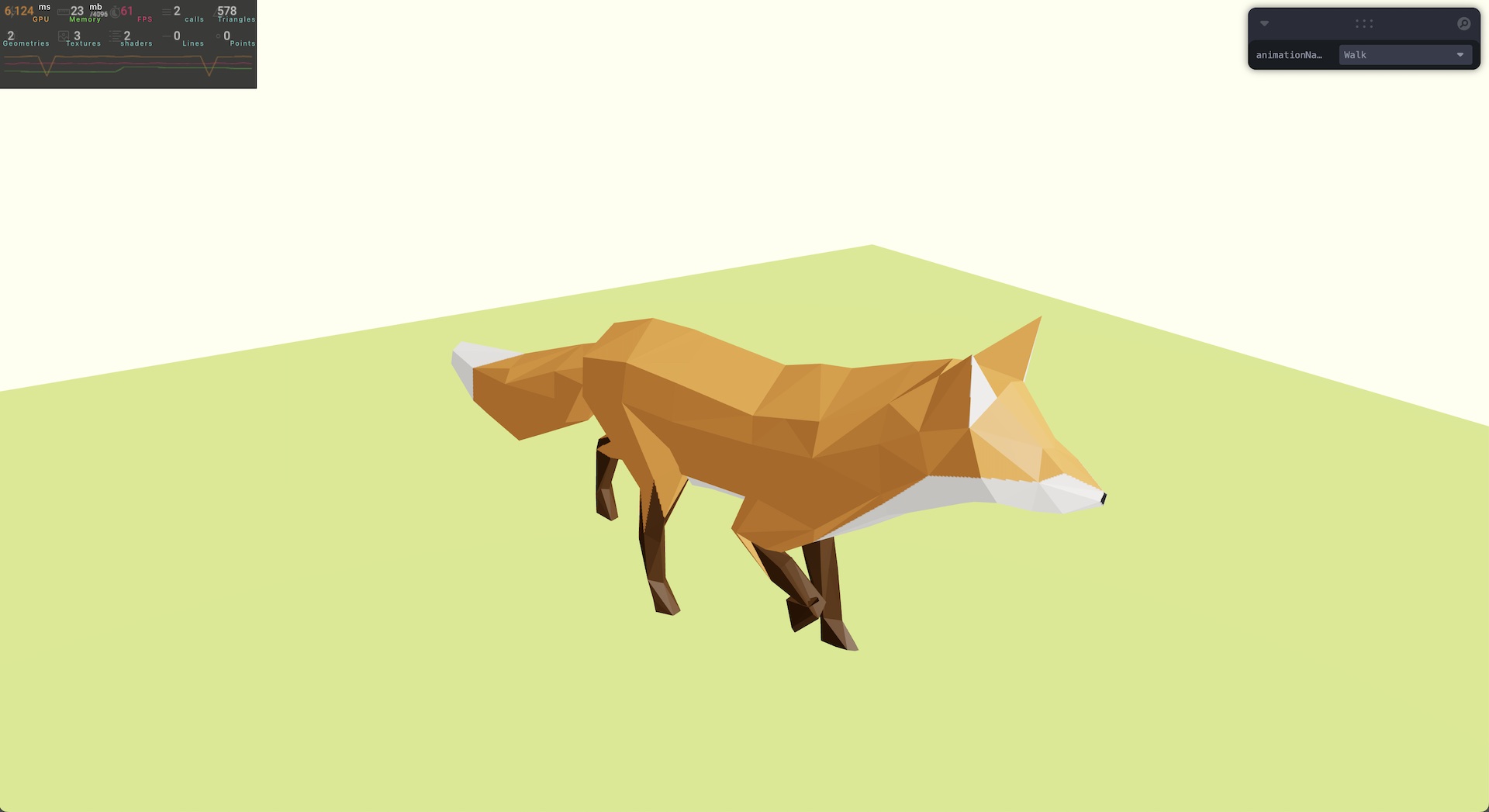 A low-poly model of a fox walks in place on a green floor