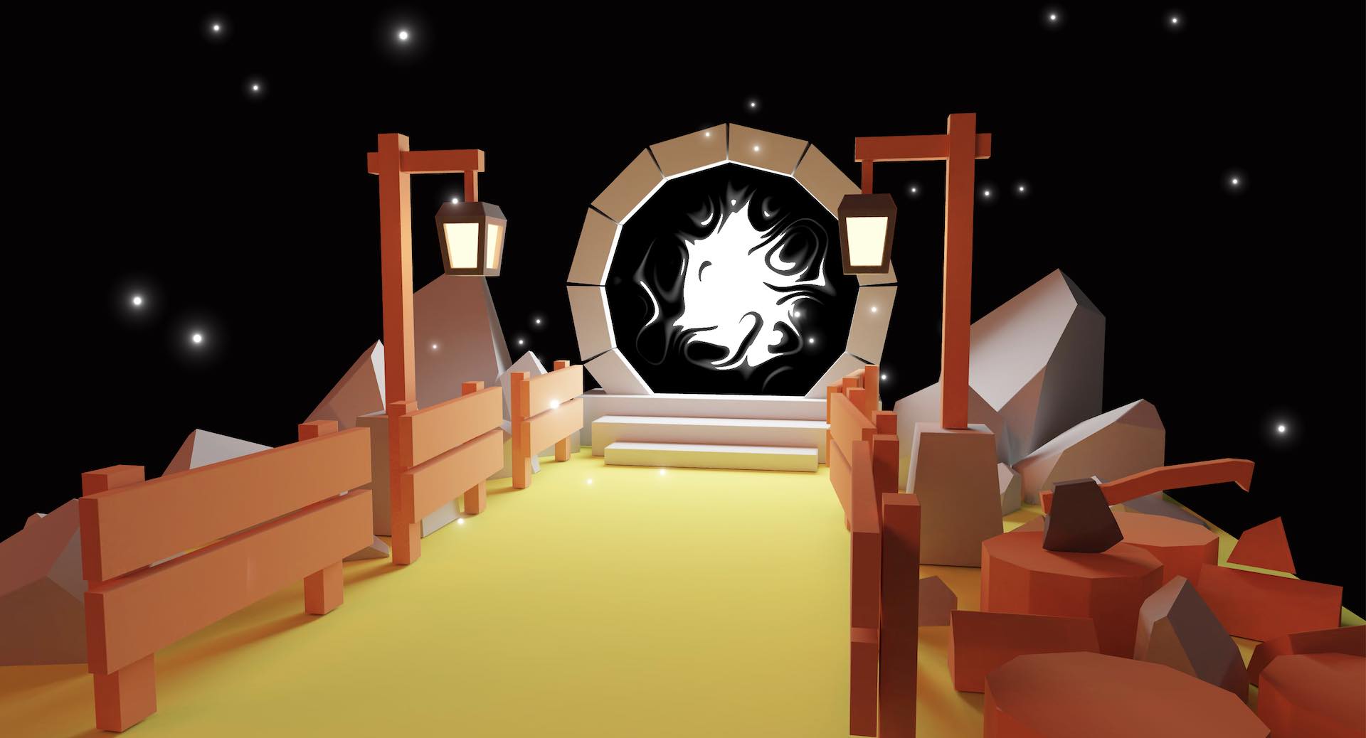 A low-poly 3D scene of a lantern-lit, fenced pathway leading through rocks and tree stumps to a mysterious stone portal. An axe rests in one of the stumps, and fireflies float against a black sky.