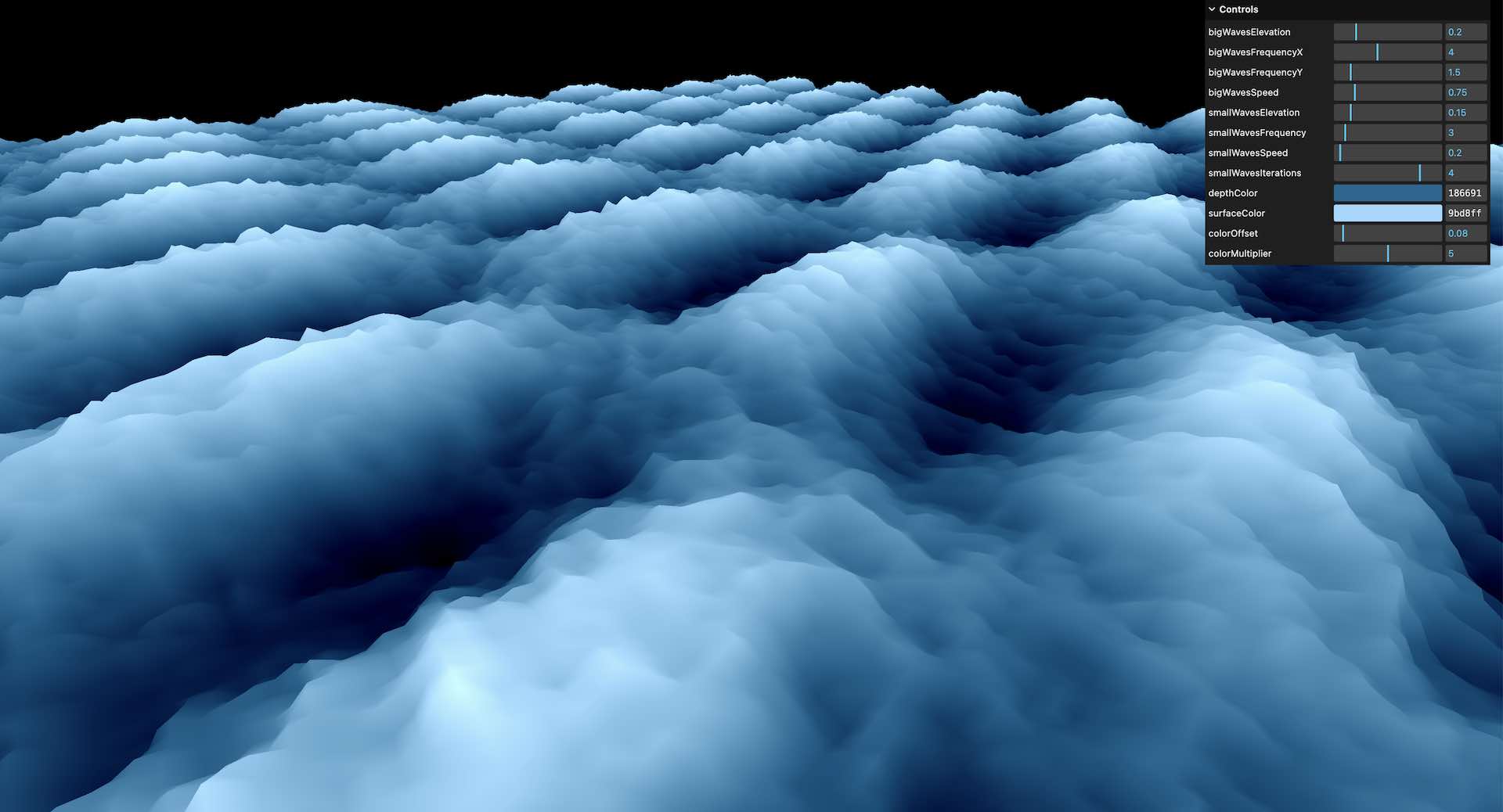 A low-poly blue ocean, with rolling waves, sits on a black background