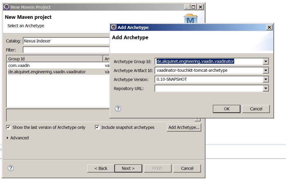 specify de.akquinet.engineering.vaadin.vaadinator, vaadinator-touchkit-tomcat-archetype, 0.10-SNAPSHOT