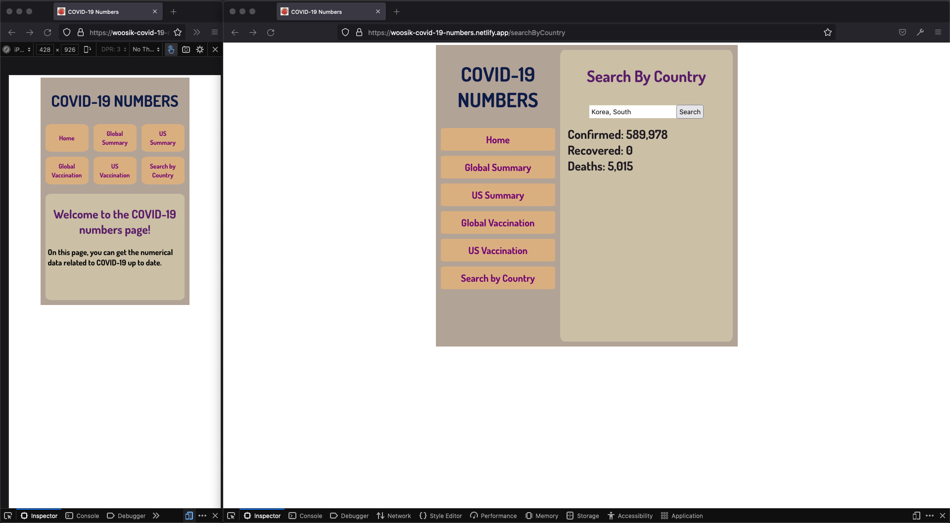 Covid 19 Numbers screenshot