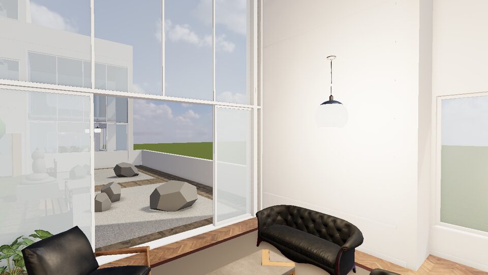 A double-height living room with sliding glass