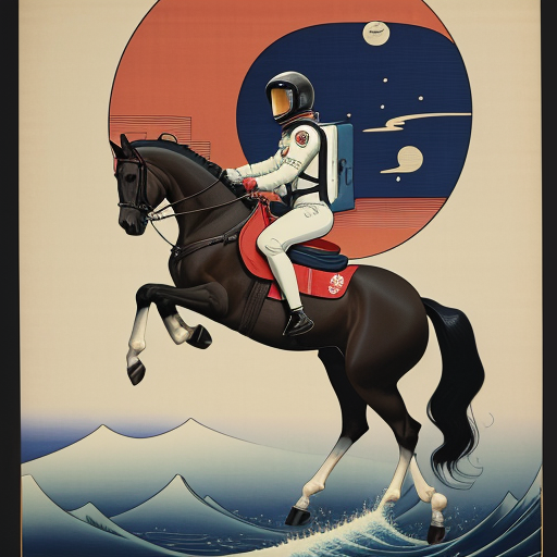 picture of a horse riding on top of an astronaut, ukiyo-e