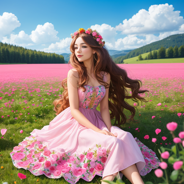 a woman with long flowy hair wearing a dress made of pink flowers sitting on a sunny meadow