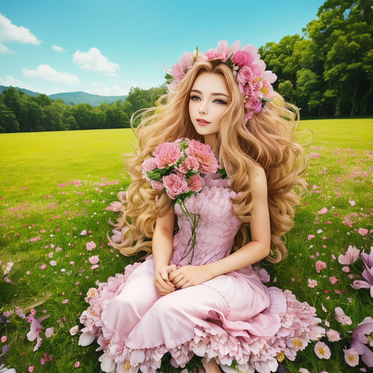 a woman with long flowy hair wearing a dress made of pink flowers sitting on a sunny meadow