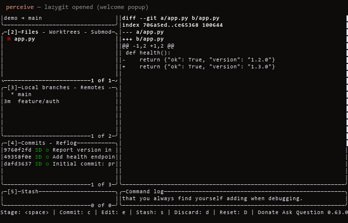 SmartCLI driving the real lazygit TUI: navigating panels, opening a commit diff, highlighting a branch