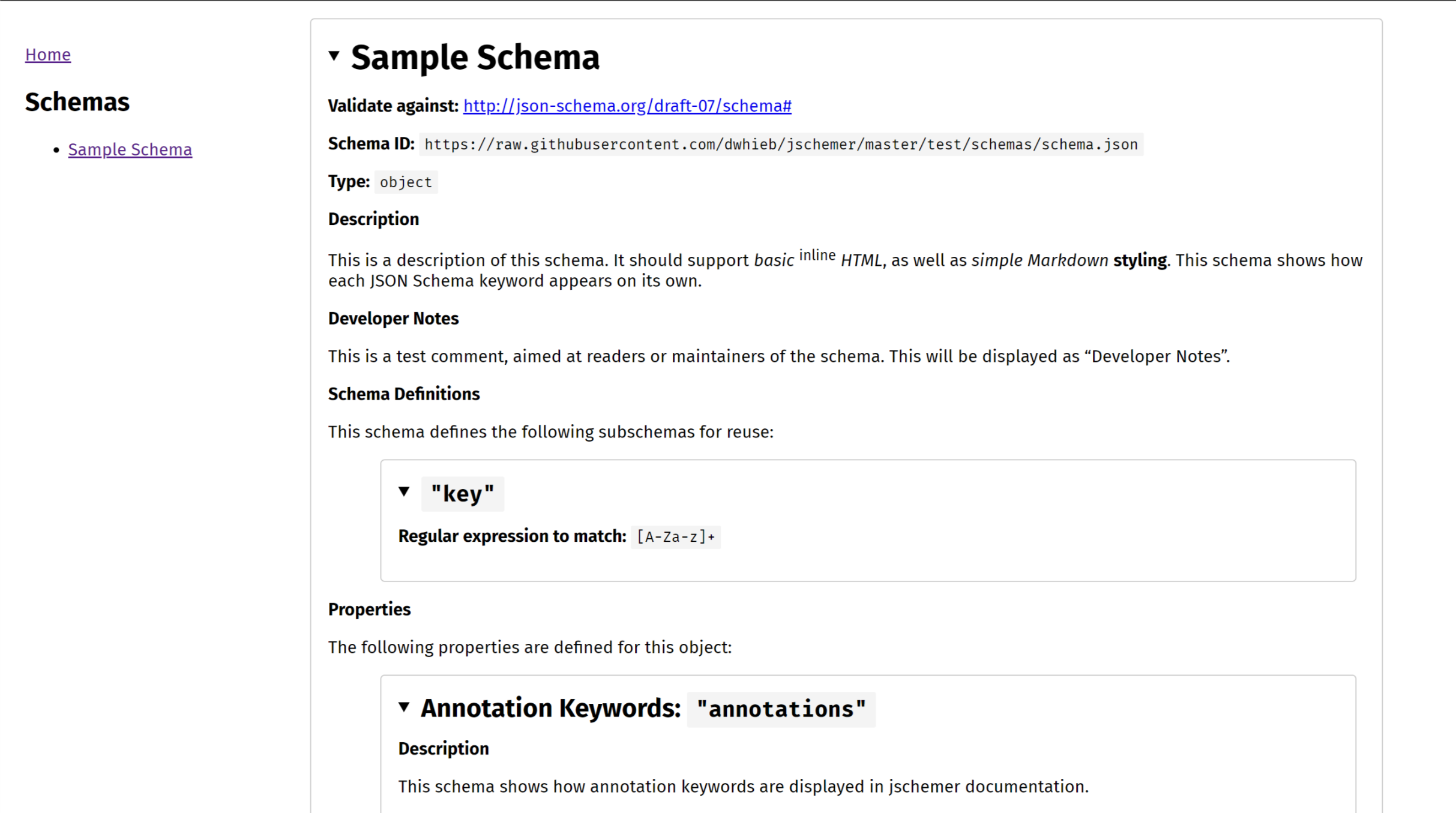 Screenshot of sample jschemer documentation