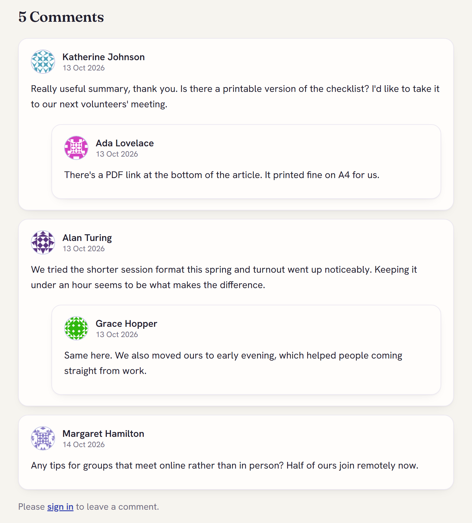Comments and replies on a page