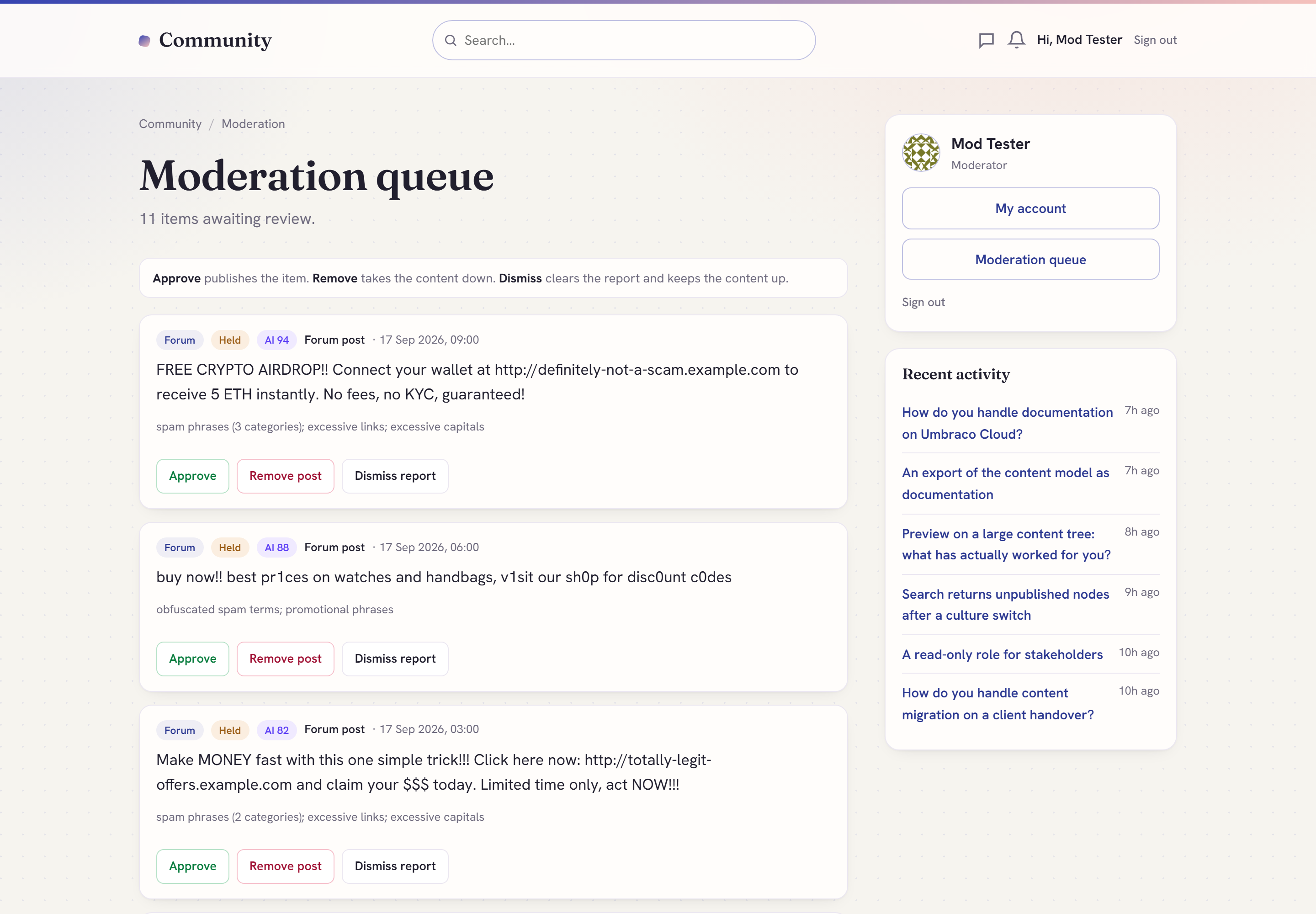 The front-end moderation queue, rendered inside the community layout