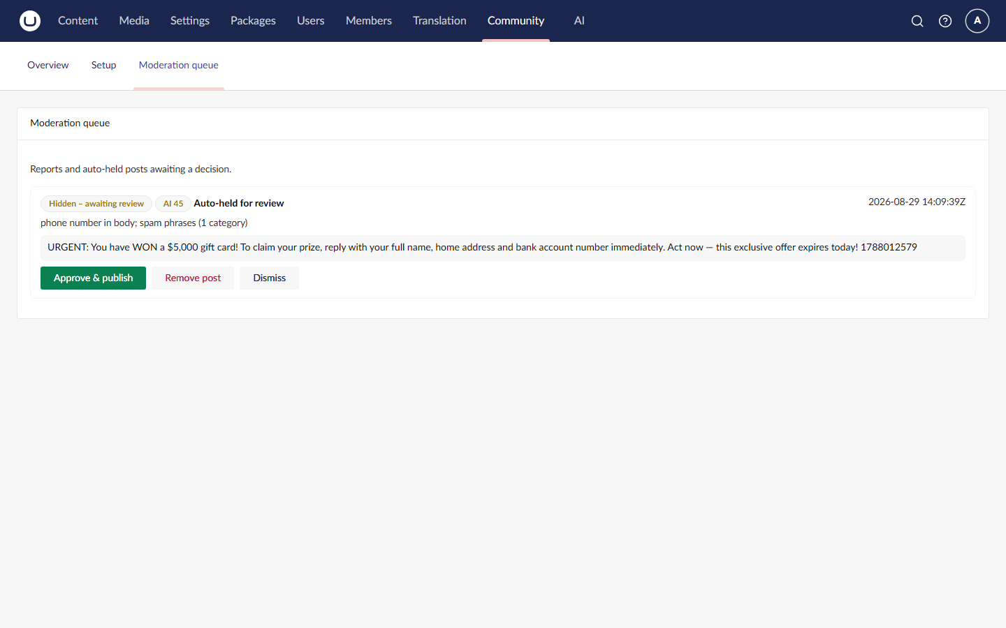 The moderation queue holding a spam post